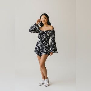 Favlux Navy Floral Bell-Sleeve Romper – Size Small